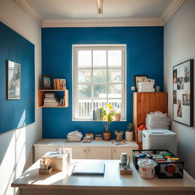 Interior organizado de um pequeno negócio em Brasília com luz natural e detalhes em azul
