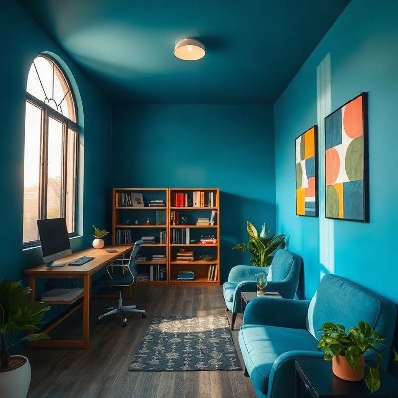 Interior compacto do espaço de trabalho da Novaeecho com paleta índigo e prateleiras organizadas